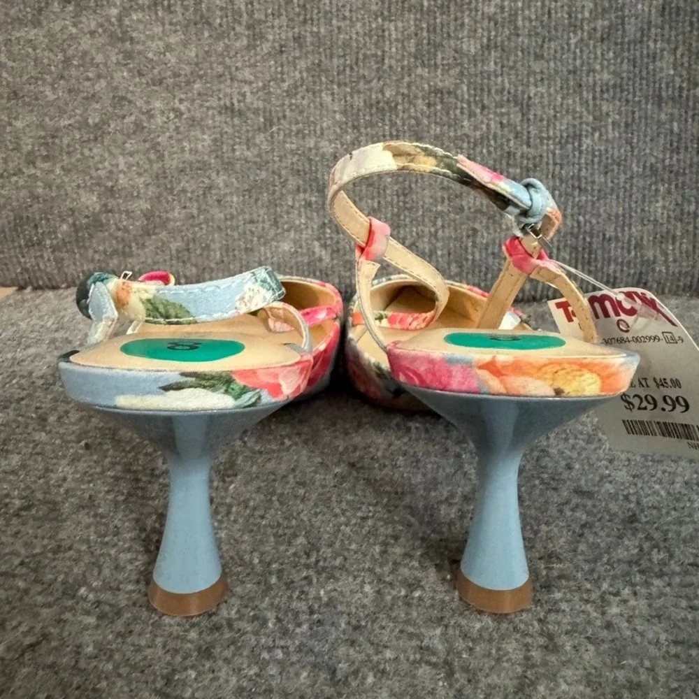 Nine West Womens Floral Slingback Pumps Blue Pink Pointed Toe Kitten Heel 8M NEW